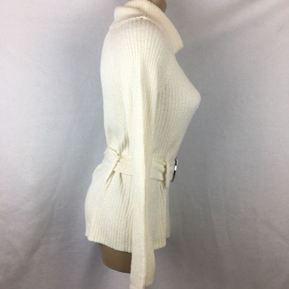 Vintage Ivory Soft Cozy Belted Ribbed Knit Turtleneck Sweater L - Picture 3 of 5